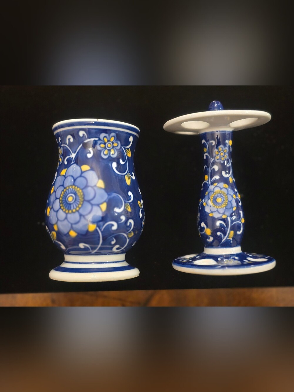 Blue Porcelain Bathroom Decor For Toothbrush And Matching Container.
